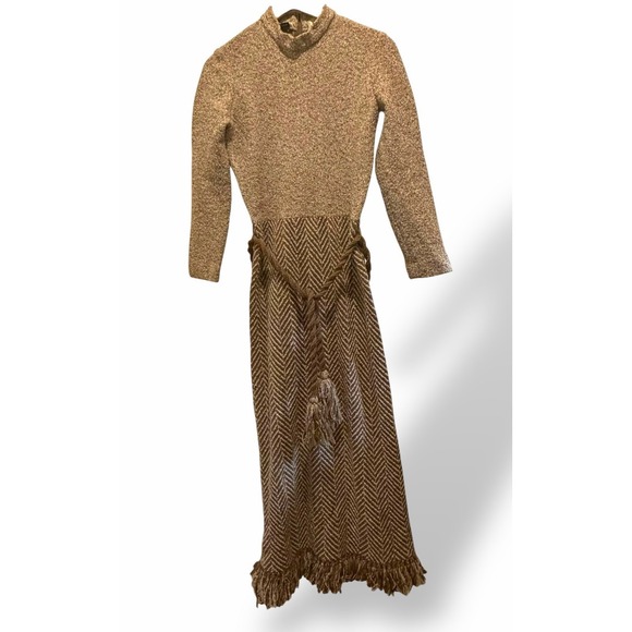Vintage Dalton Quiet Luxury Maxi Dress Womens Size 10 Tan Herringbone Fringe 70s - Picture 2 of 15